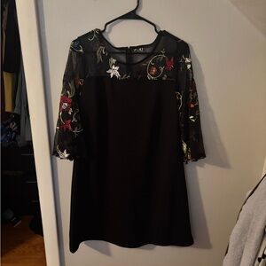 Nina Leonard Black Dress with Red and Green Floral Detail